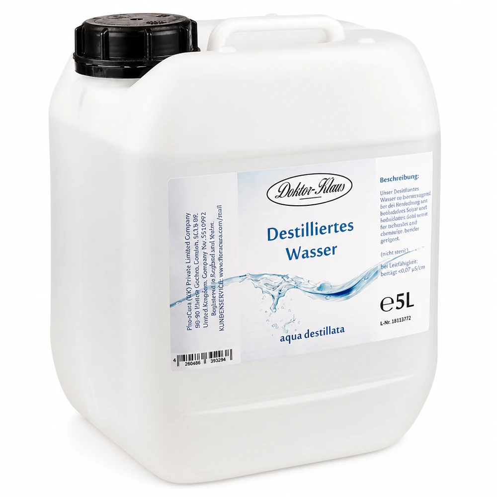 5 liter Doctor Claus destillerat vatten i vit plastdunk med svart skruvlock