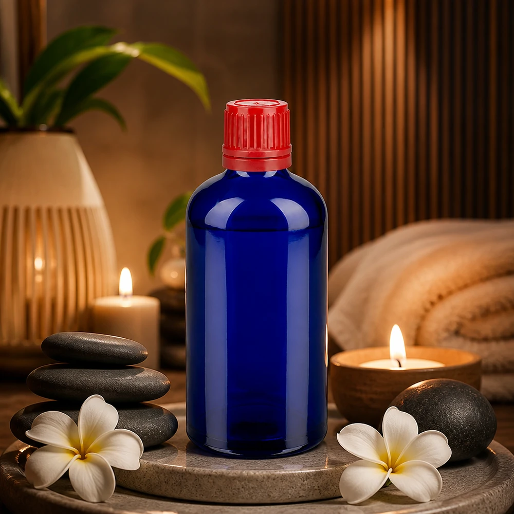 100ml flaska 11mm skruvkork röd säkerhetsförslutning BlueLine UT18/100 100 ml blå medicinflaska BlueLine UT18 med barnsäkert rött lock för droppar