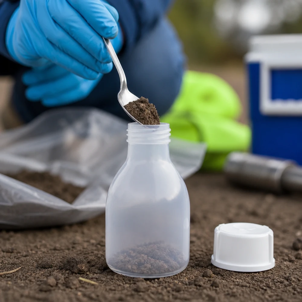 20ml skruvflaska, laboratorieflaska med smal hals Jordprovet fylls med en metallsked i en 20 ml PE-skruvflaska med smal hals Miljöprovtagning