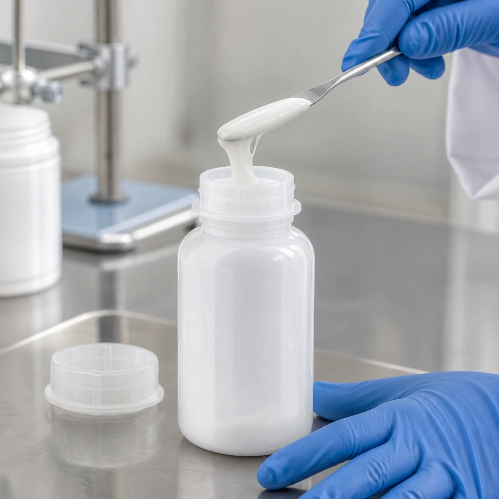 Präzise Dosierung halbfester Substanz in geöffnete 500ml Weithalsflasche im Reinraumlabor