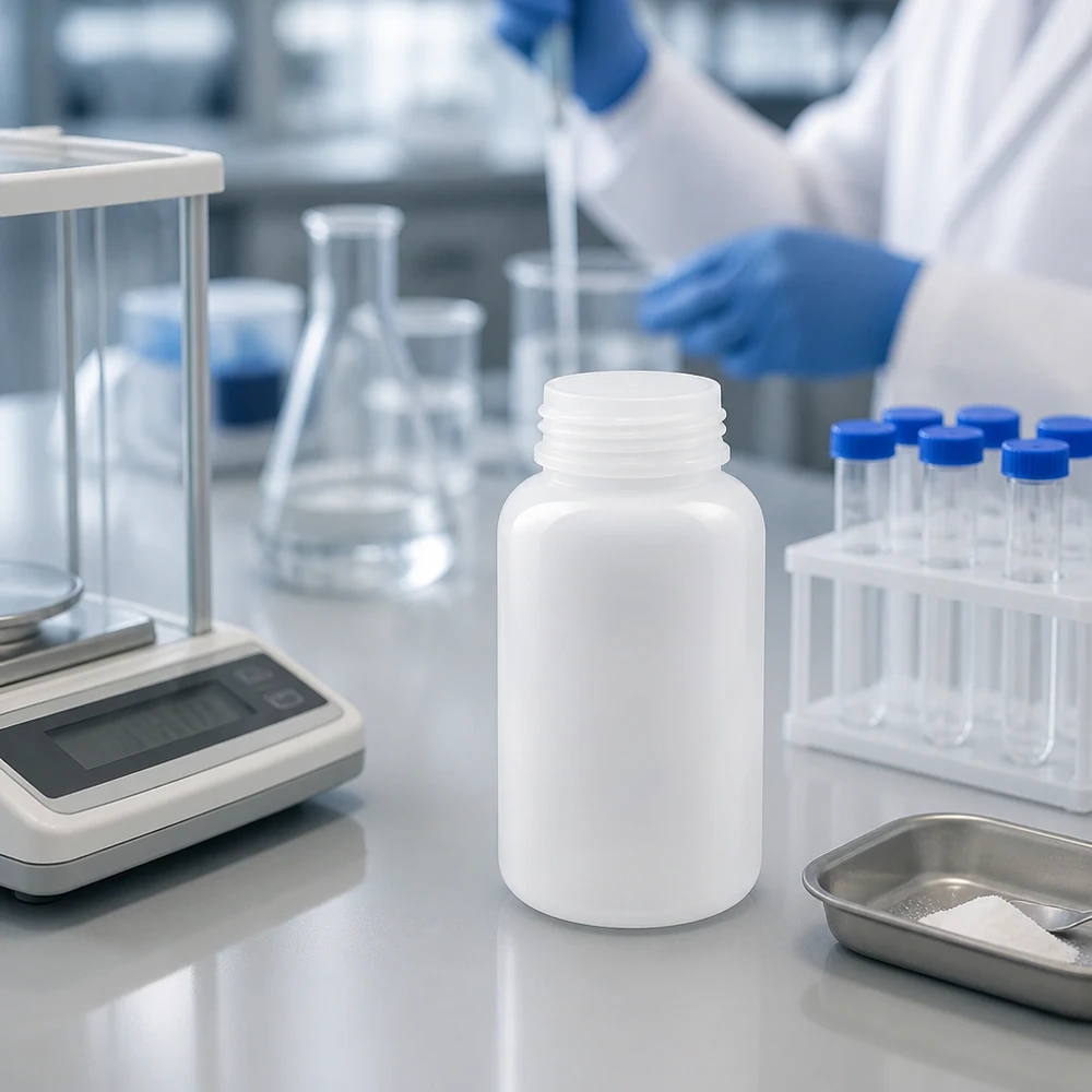 500ml laboratorieflaska med bred hals utan lock Cylindrisk 500 ml laboratorieflaska med vid hals i vitt bredvid en analysvåg och provrör