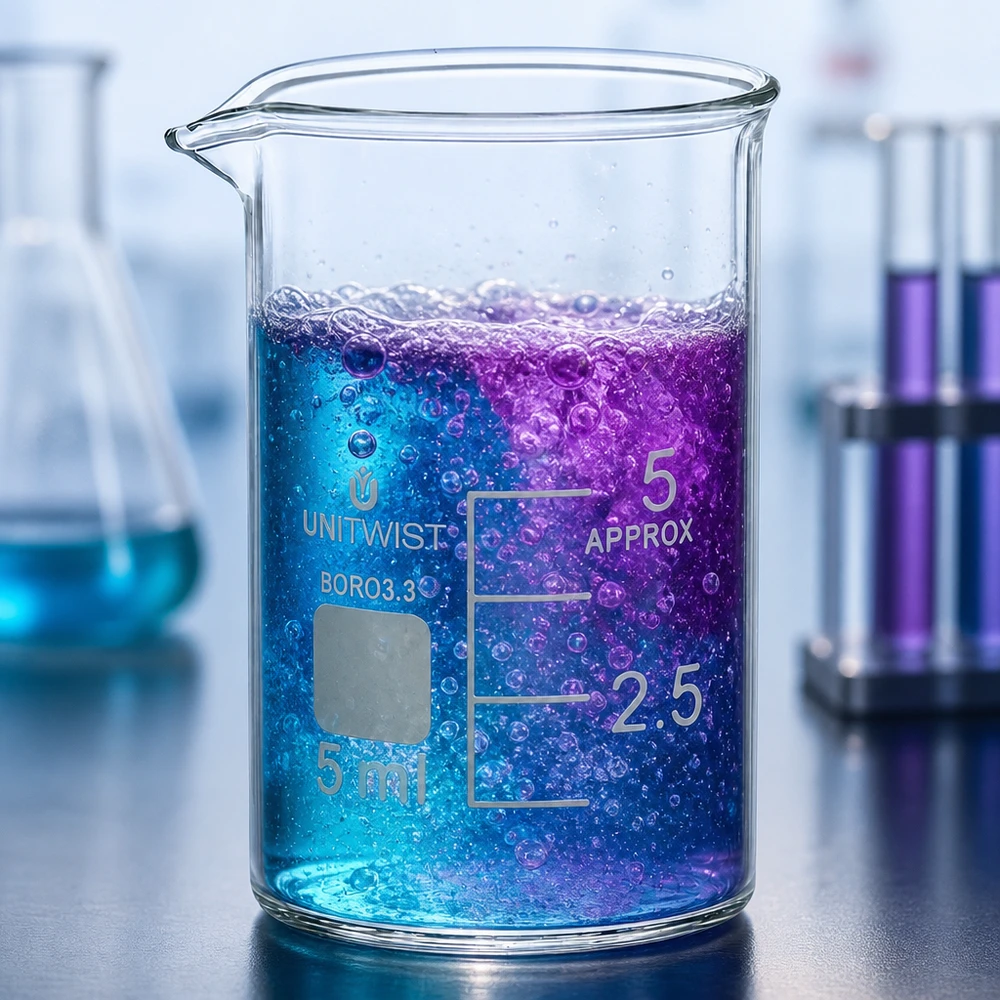 Bägare 5ml borosilikat, låg form UNiTWIST 5 ml bägare, låg form, med blå-violett reaktion och bildning av bubblor i laboratoriemiljö