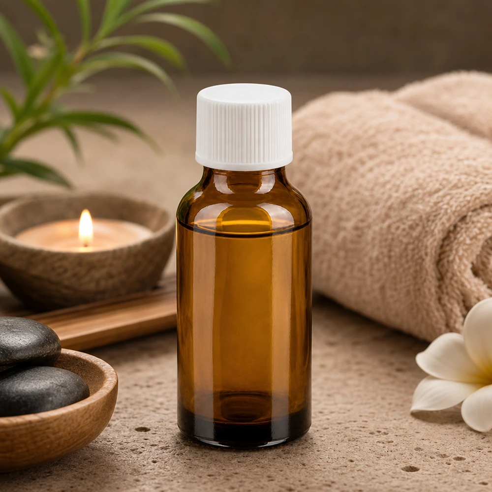 Kompakt 20 ml bärnstensfärgad glasflaska med 11 mm skruvgänga, perfekt för aromaterapi och wellness