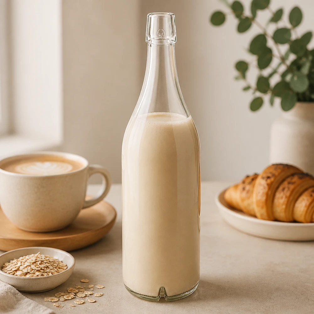 1000ml glasflaska utan svängbar topp UNiTWIST Glasflaska 1000ml UNiTWIST fylld med havremjölk frukostbord croissant kaffe ljus kök grönsak