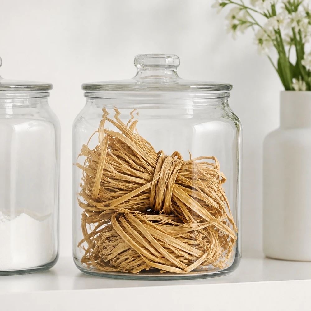 Naturraffia 30 g i glasburk med lock förvarad bredvid vita förvaringsburkar för snygg organisering av hobbymaterial