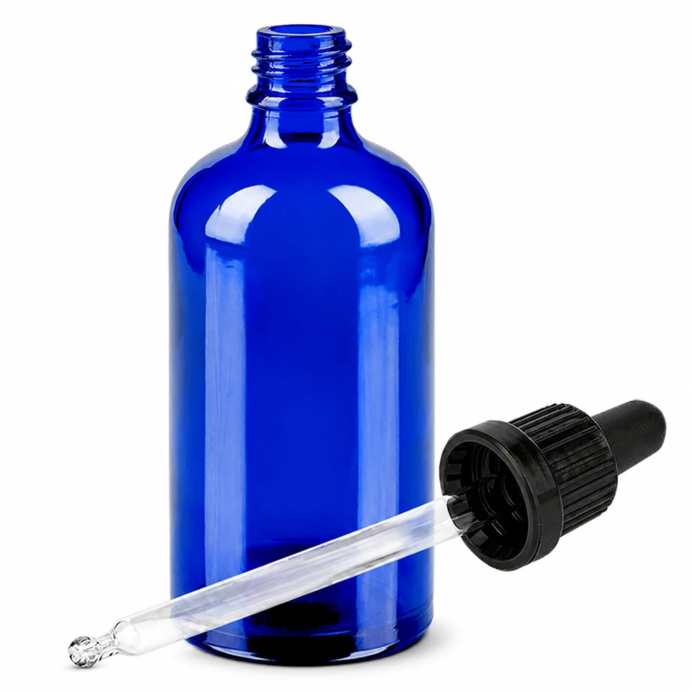 Professionell 100 ml glasflaska med pipett i blått för laboratorier och kosmetika