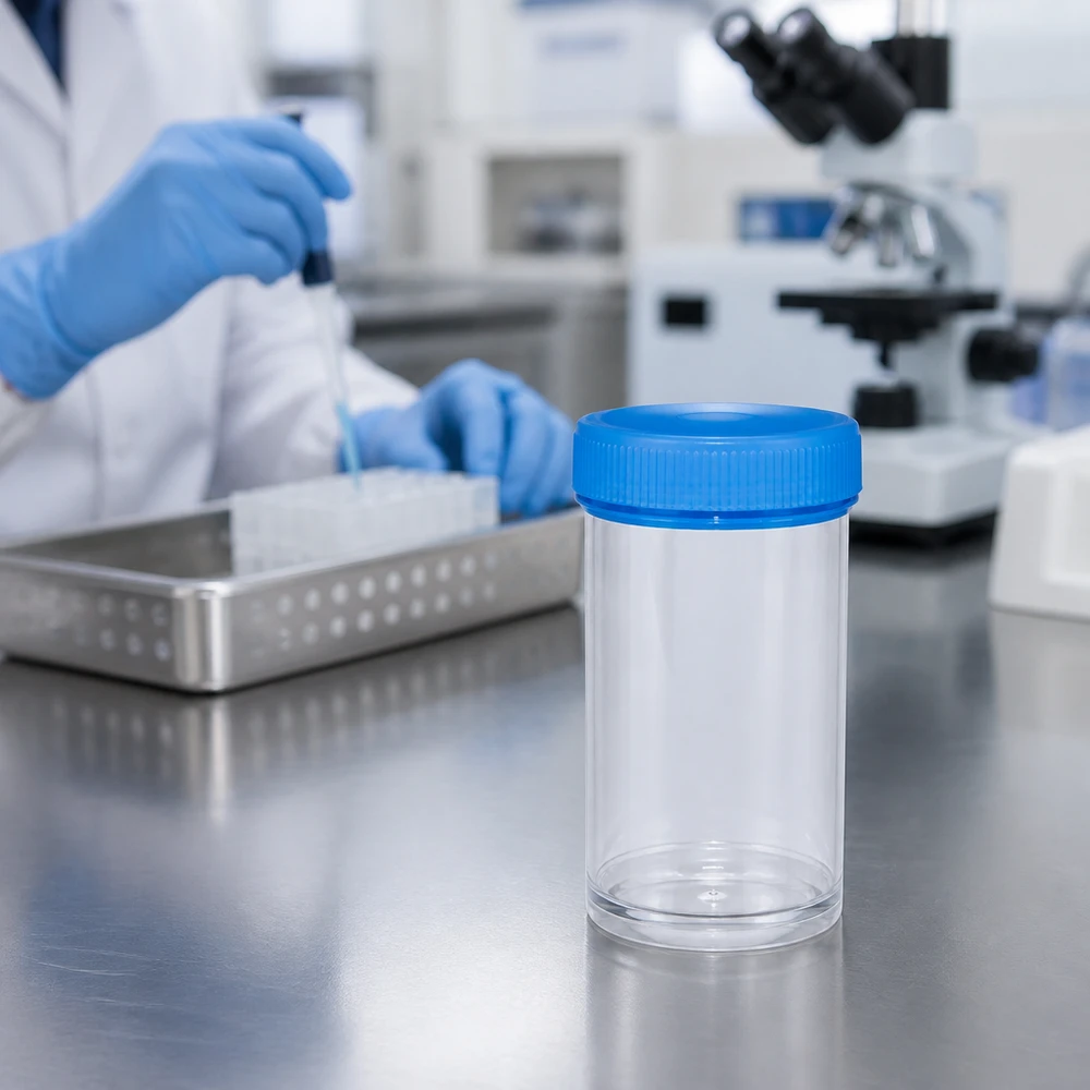 Universal plastburk (patho-kärl) 50ml En tom behållare för vätskor, 50 ml, av genomskinlig plast med blå skruvkork i förgrunden