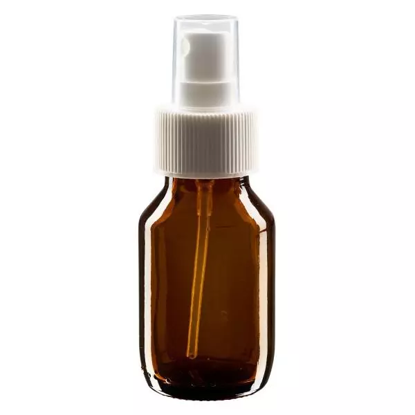 50 ml medicinflaska brun, pumpförstärkare vit ApoGlas 50 ml medicinflaska brun, pumpförstärkare vit ApoGlas