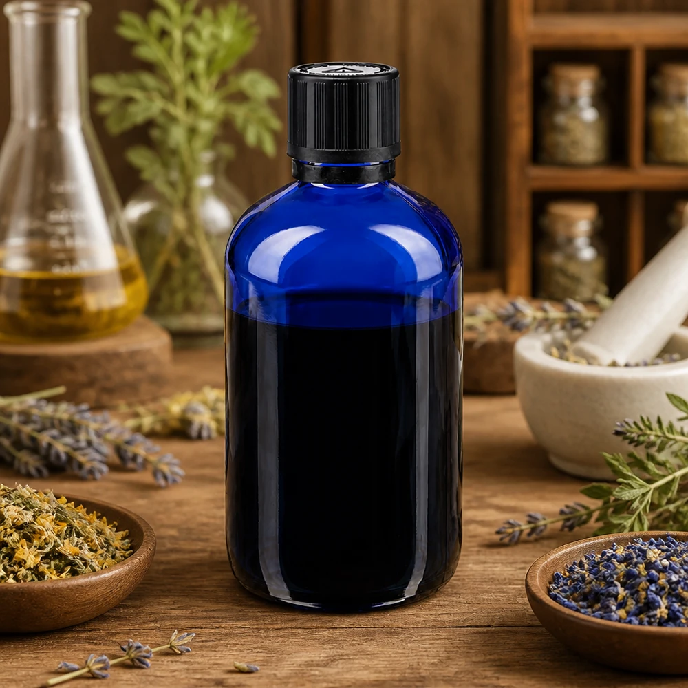Apoteksflaska blå 100ml dropplock premium 1mm svart barnskyddande manipulationsskyddad förslutning Blå glasflaska på 100 ml med droppinsats och barnsäker skruvkork för naturmedicin