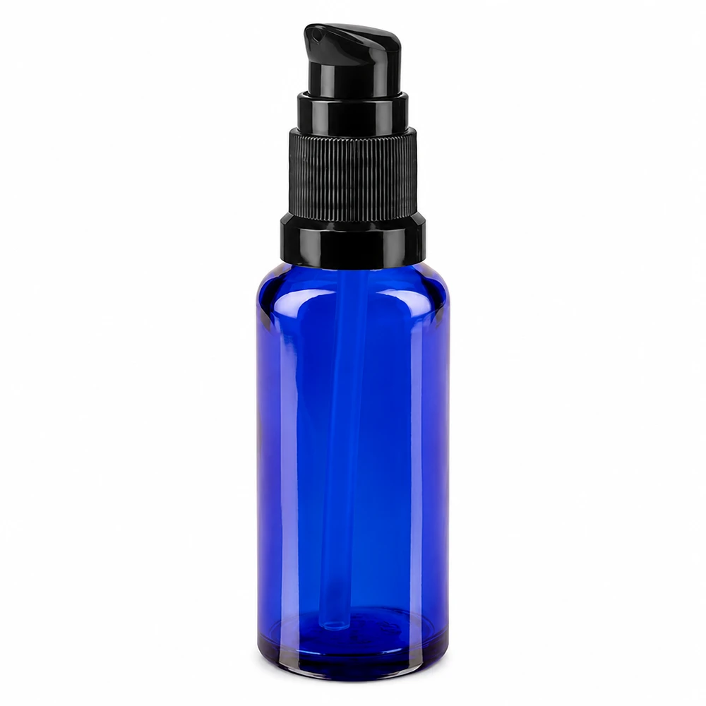 Apoteksflaska blå 30ml pumplock svart standard 30 ml blå glasflaska med svart pump för apotek och kosmetikbranschen