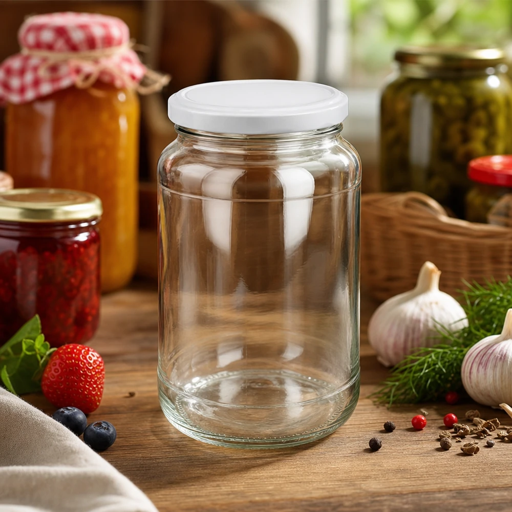 1700 ml rund burk tom med vitt BasicSeal-lock i köket mellan syltburkar och färska ingredienser