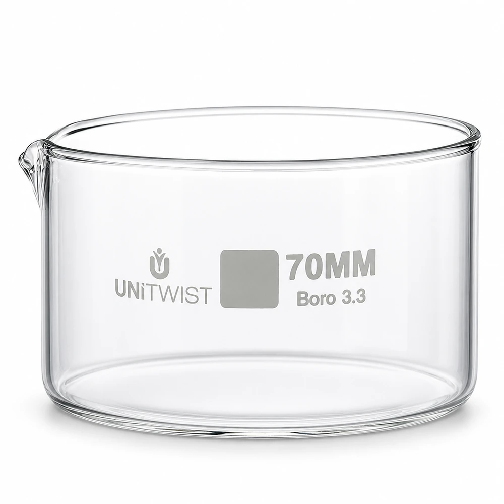 Kristallisationskärl ø70 mm, borosilikatglas UNiTWIST Kristalliseringsskål 70 mm, borosilikatglas 3.3 UNiTWIST, transparent, cylindrisk med utlopp