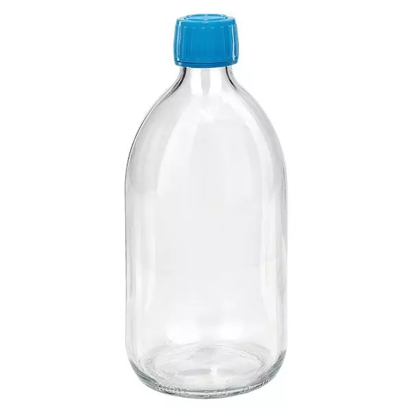 500 ml medicinflaska klar, blått lock med säkerhetsring ApoGlas 500 ml medicinflaska klar, blått lock med säkerhetsring ApoGlas