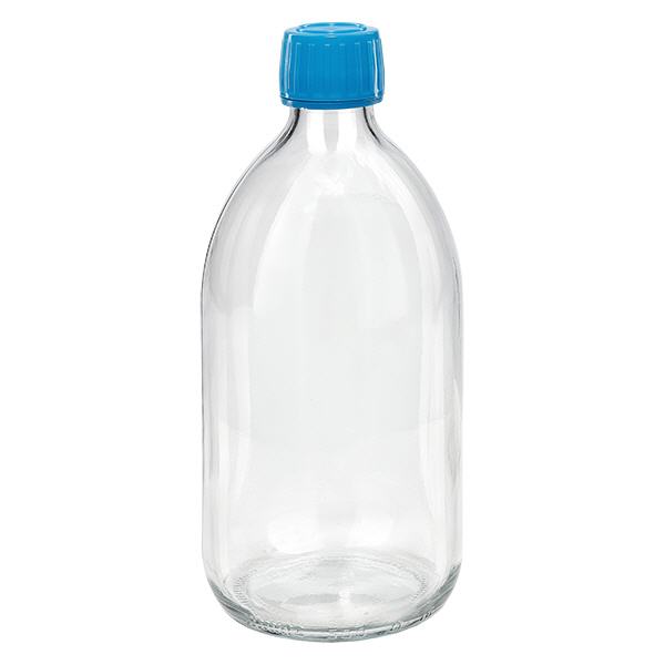500 ml medicinflaska klar, blått lock med säkerhetsring ApoGlas 500 ml medicinflaska klar, blått lock med säkerhetsring ApoGlas