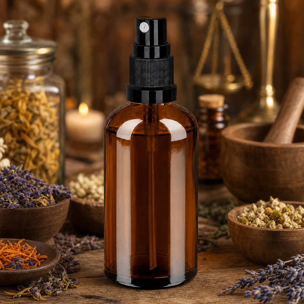 100ml Sprayflaska svart standardlock BrownLine UT18/100 100 ml sprayflaska i bärnstensfärgat glas med fin finfördelare för homeopatiska tinkturer och örtextrakt