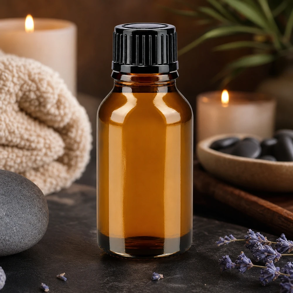 Brun 30 ml apoteksflaska med svart lock blandad med massagestenar och lavendelblommor