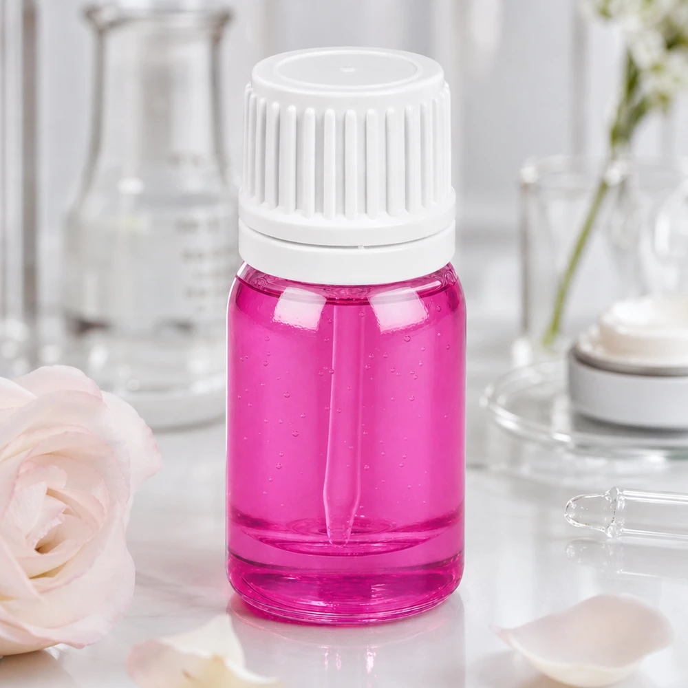 Lila 5 ml flaska av högkvalitativt glas med barnsäkert vitt skruvlock