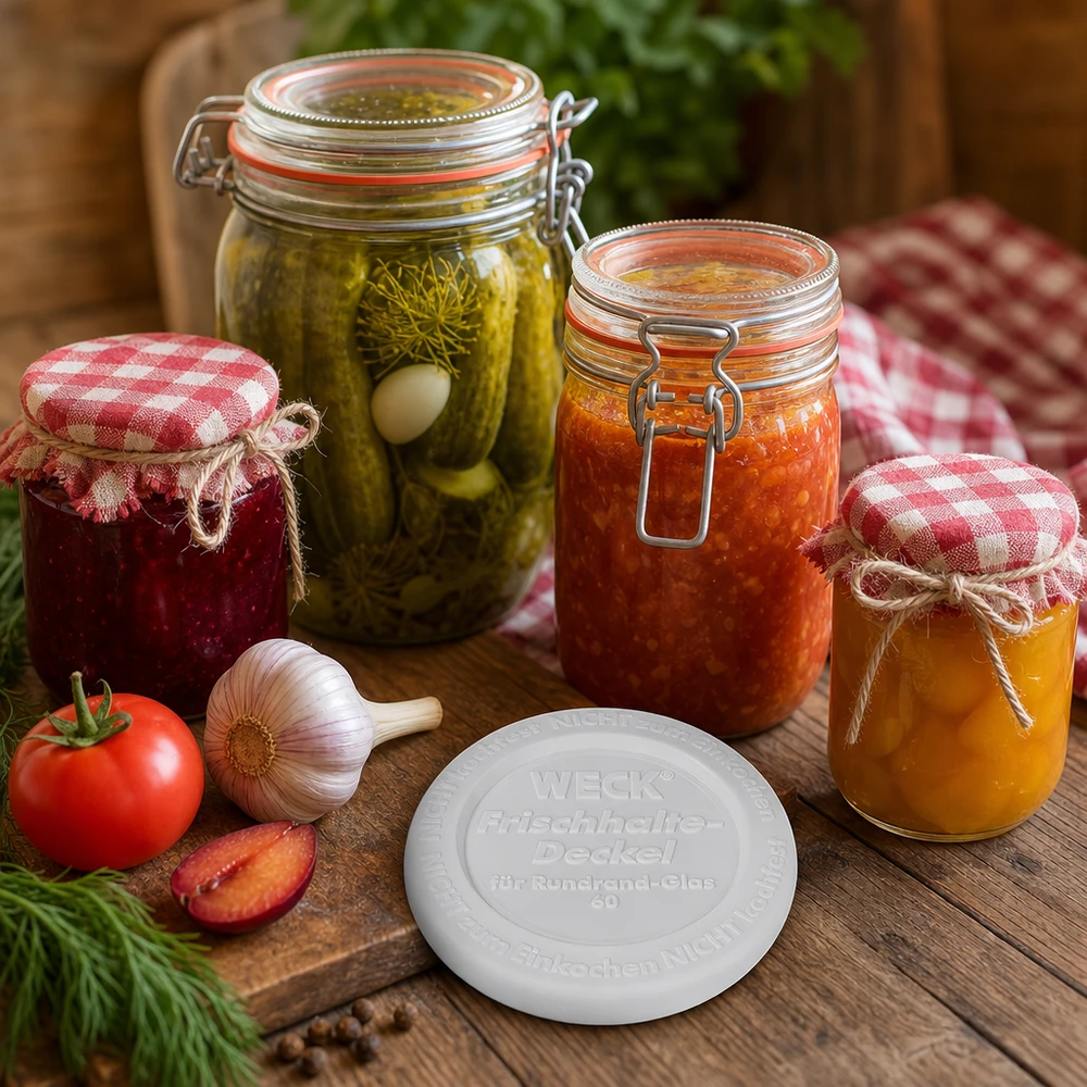 WECK Lock för förvaring av färskvaror RR60 WECK Frischhaltedeckel RR60 Einmachgläser mit hausgemachten Konserven Marmelade Gurken Tomaten rustikale Küche
