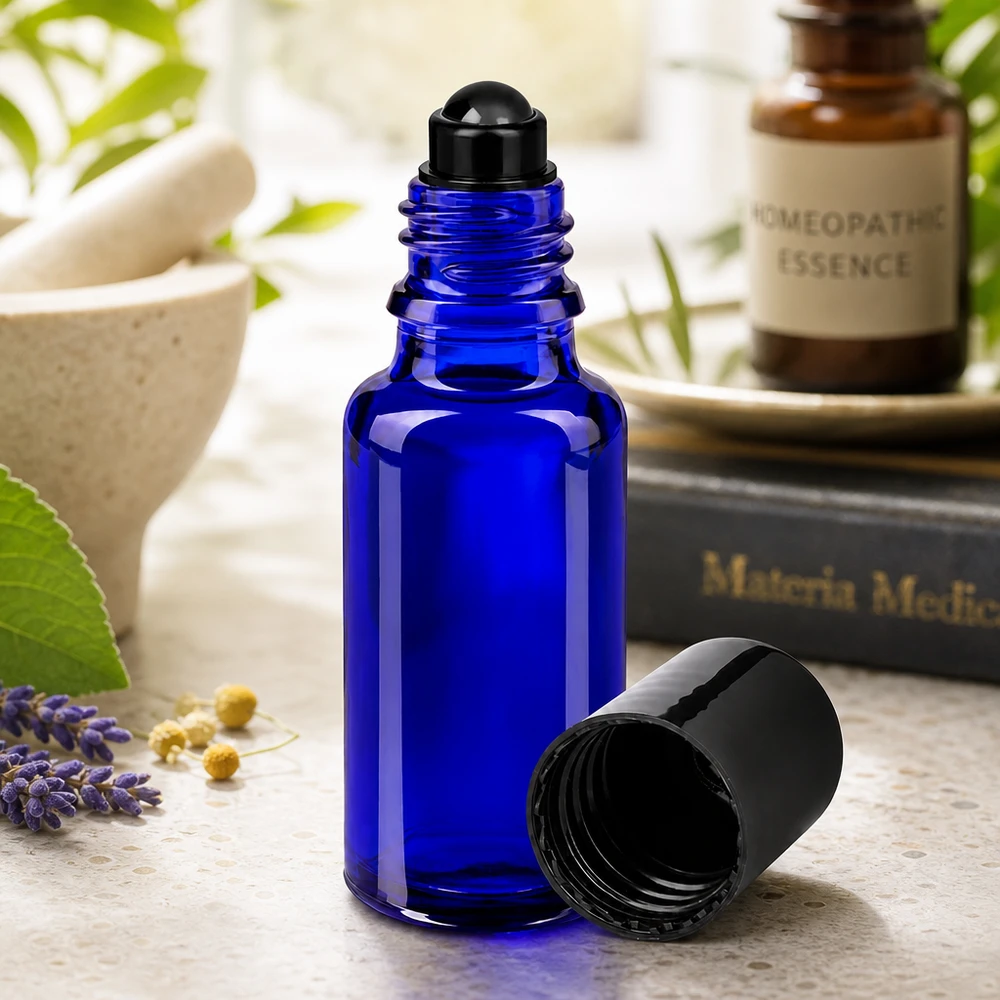 Apoteksflaska blå 20ml roll-on lock svart Koboltblå glasflaska på 20 ml med svart rullkula för eteriska oljor
