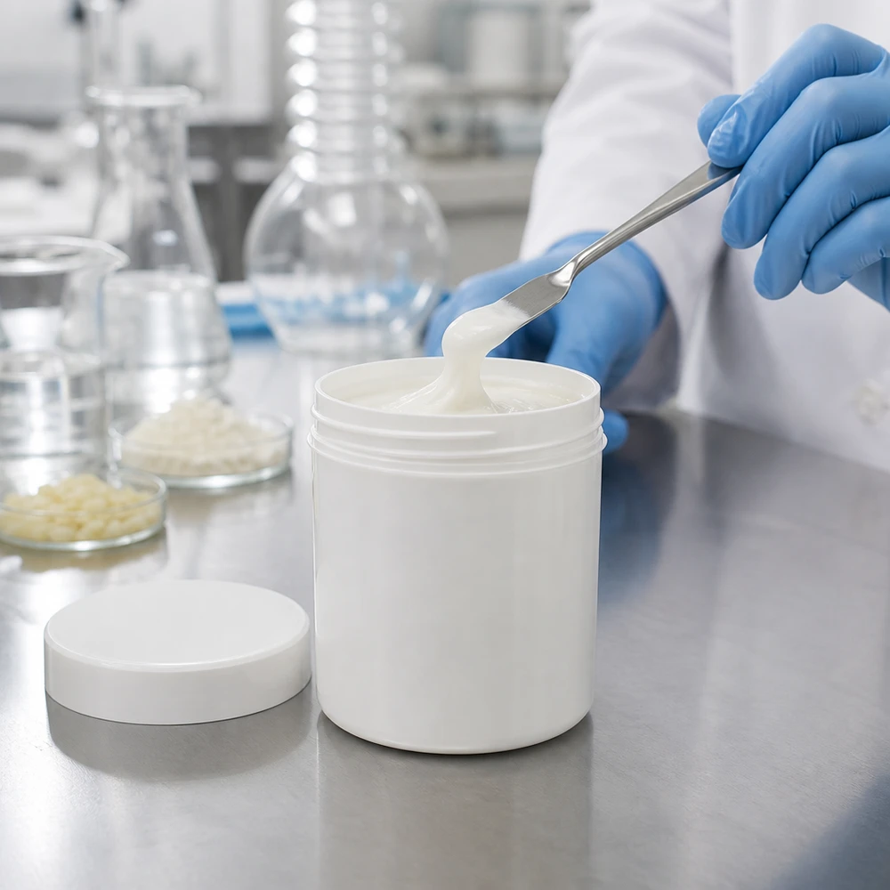 En öppen vit salvorburk på 30 g av PP med spatel under påfyllning av vit kräm i laboratoriet