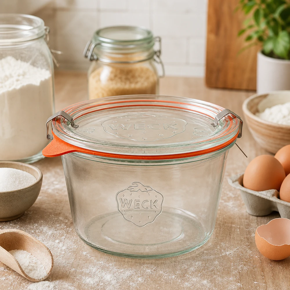 370ml Krossade glasögon komplett WECK RR100 WECK 370ml RR100 tom murarburk på köksbänken mellan bakingredienser visar mångsidig användning vid bakning