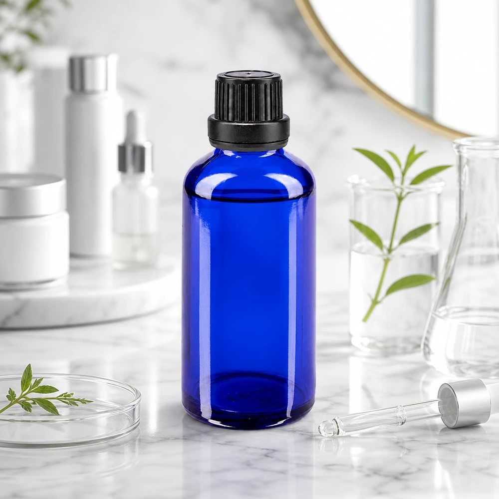 Apoteksflaska blå 50ml skruvkork svart manipulationsskyddad förslutning Blå glasflaska på 50 ml med svart lock på en marmoryta bredvid en pipett och gröna växter