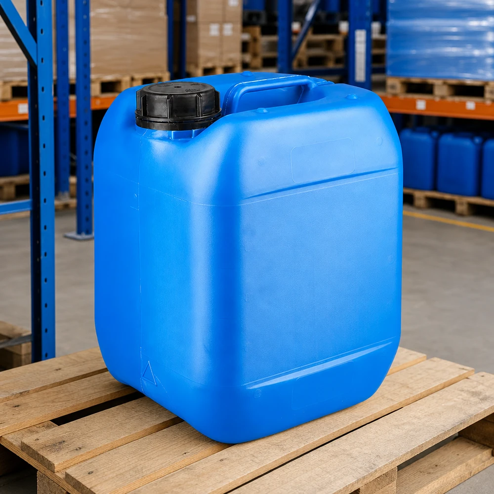Dunk 5 liter blå med skruvkork med sabotageskydd Liten blå dunk på 5 liter med OV-förslutning och bärhandtag på träpall i lagret