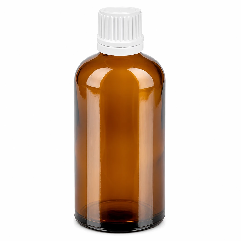 100ml Droppflaska 0.7mm vit med säkerhetsförslutning BrownLine UT18/100 100 ml droppflaska i bärnstensfärgat glas med vitt lock och 0,7 mm droppinsats för exakt dosering