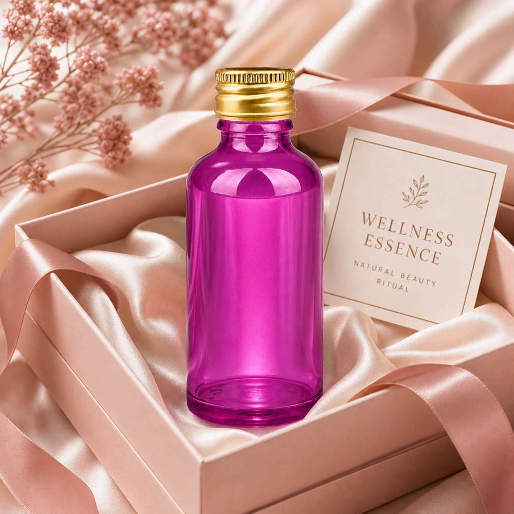 50ml flaska 11mm skruvkork aluminium guld standard PurpleLine. UT18/50 Premium Wellness Essence-flaska 50 ml i elegant violett med lyxigt aluminiumlock i guld