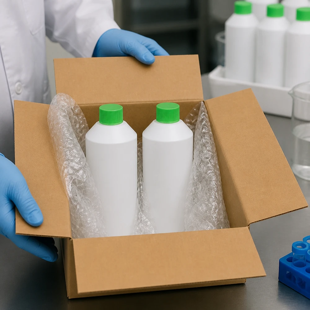 Två vita HDPE-apotekflaskor à 250 ml med gröna lock, förpackade i kartong med luftbubbelplast