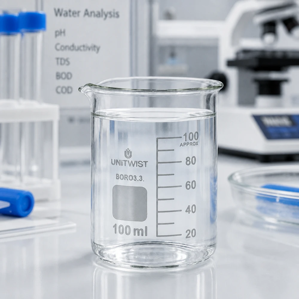 100 ml begerglas, låg form, med rent vatten för vattenanalys: pH, konduktivitet, TDS, BOD, COD