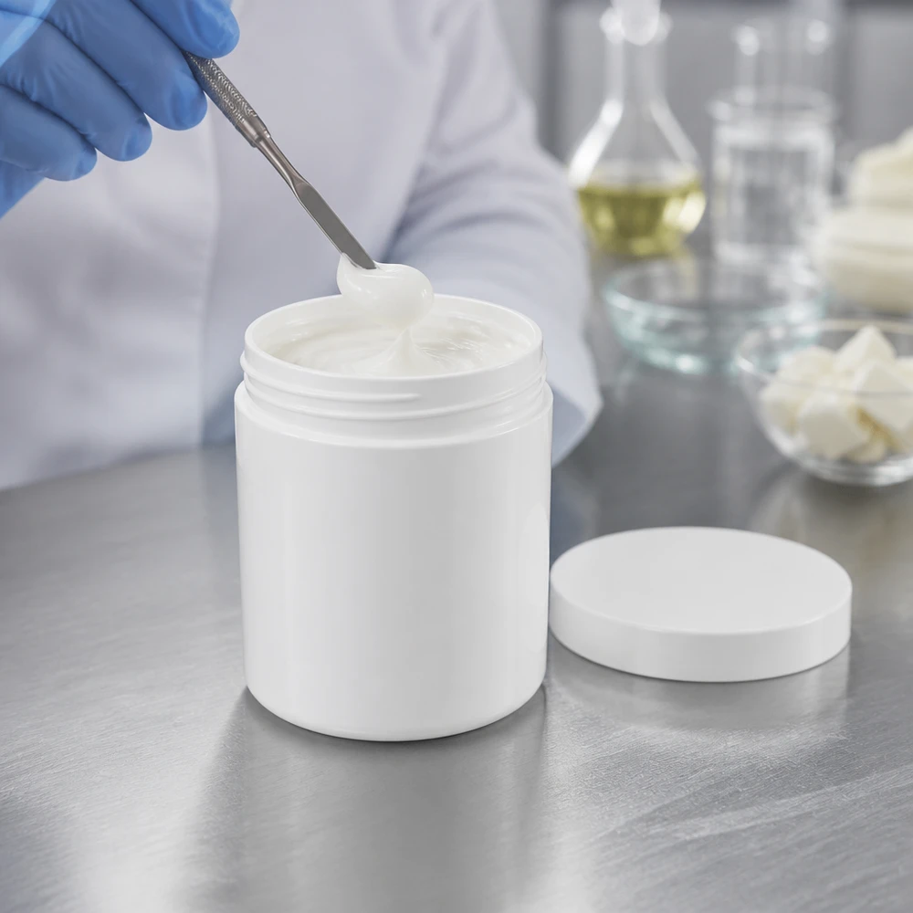 Salvburk 50g vit med vitt skruvlock (polypropylen) En öppnad vit PP-salvburk på 50 g med spatel vid upptagning av vit kräm på en yta av rostfritt stål
