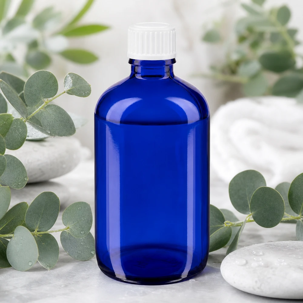 Apoteksflaska blå 100ml skruvkork vit standard Koboltblå apotekarflaska på 100 ml med vitt lock bland eukalyptusgrenar