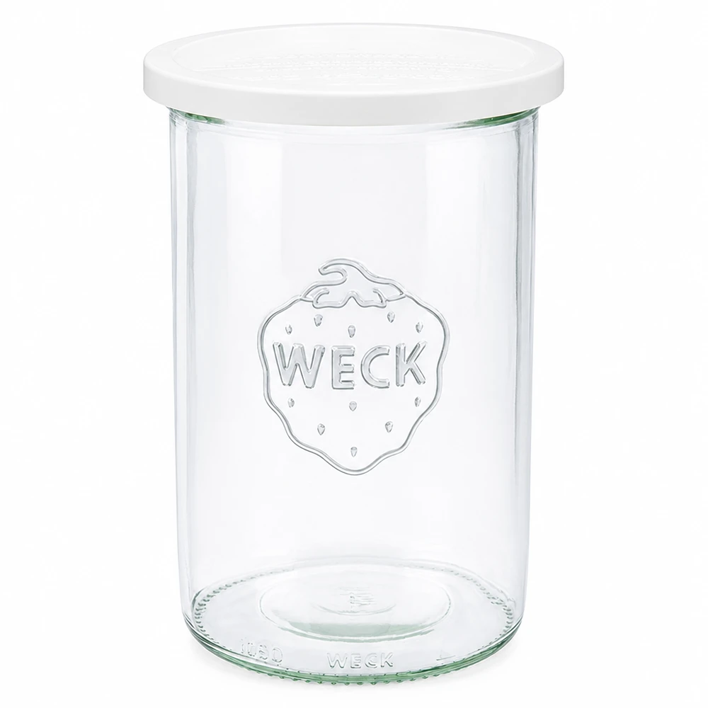 1000ml Krossade glasögon med lock WECK RR100 WECK murarburk 1000ml med vitt lock RR100 klarglasburk med WECK-logotyp