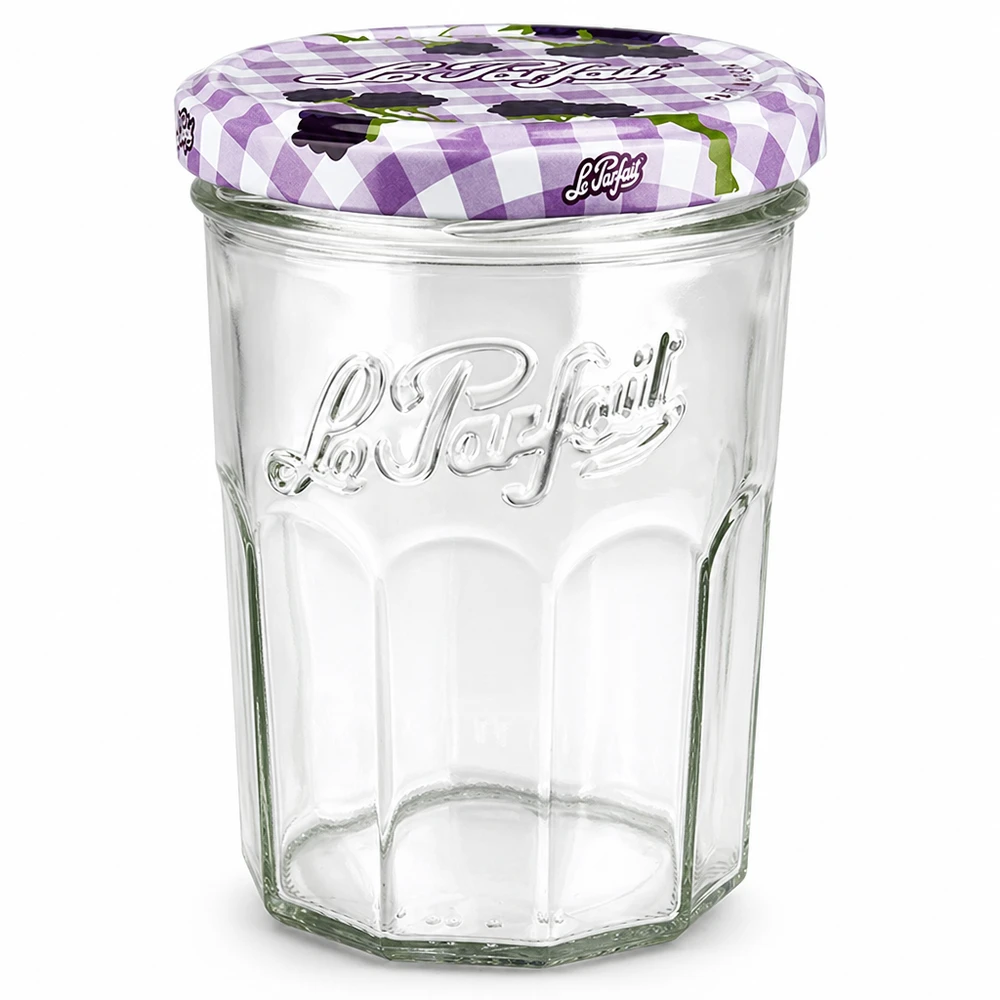 Le Parfait® Jam 385 ml Ø82 mm syltburk Le Parfait-glas 385 ml med lila rutigt skruvlock för sylt och konserver av klarglas