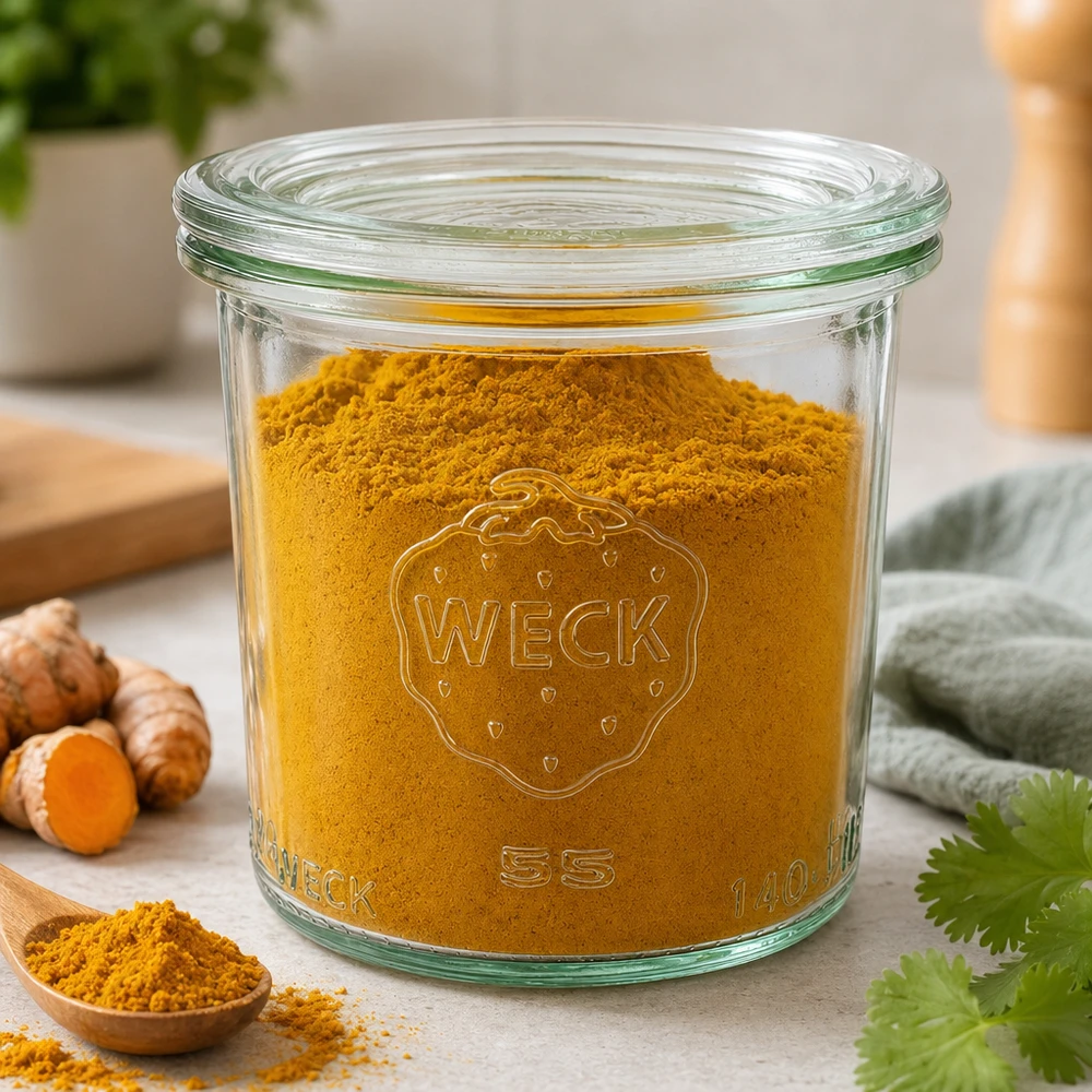 WECK 140 ml burk med glaslock RR60 | Premiumkvalitet WECK Sturzglas 140ml RR60 mit Kurkumapulver gefüllt zeigt Verwendung als Gewürzglas neben frischem Kurkuma