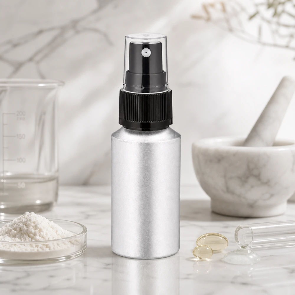 30 ml flaska i inlagd aluminium med finfördelare Högkvalitativ 30 ml aluminiumflaska med svart atomiserare för DIY-kosmetika och eteriska oljor