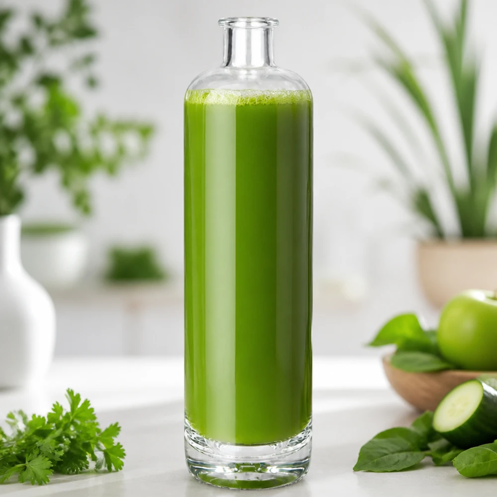 700 ml glasflaska Ella fylld med grön smoothie i kök dekorerat med färska örter och grönsaker