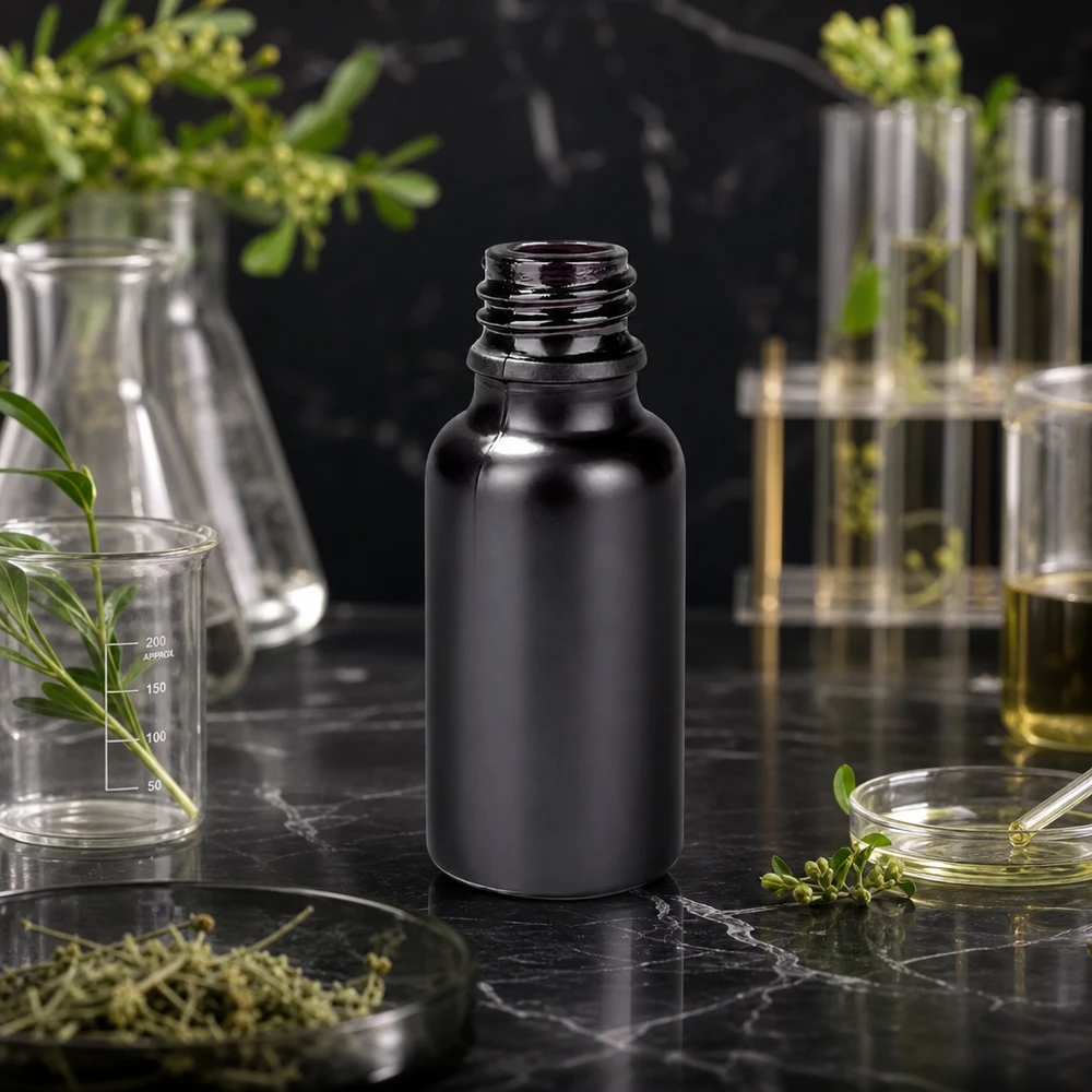 20ml apoteksflaska BlackLine UT18/20 UNiTWIST 20 ml svart glasflaska UT18/20 UNiTWIST för aromaterapeutiska oljor och örtextrakt