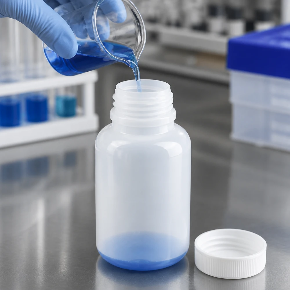 250ml laboratorieflaska med bred hals utan lock Den blå vätskan hälls från ett bägarglas i en 250 ml laboratorieflaska med vid hals utan lock