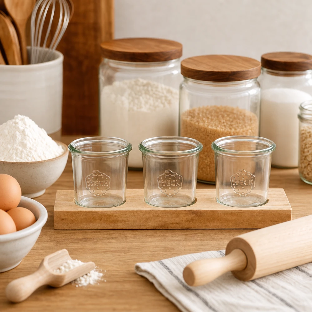 Tomma WECK-burkar 140ml på träskiva Plano3 i kök med bakingredienser mjöl ägg och kavel för bakning