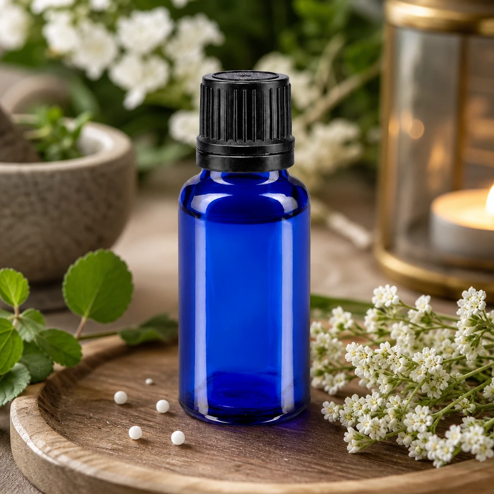 20 ml koboltblå droppflaska med 1 mm precisionsdroppare och barnsäker originalförslutning