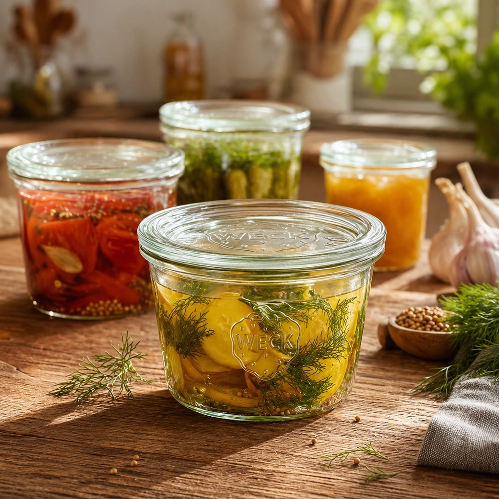370 ml burk med glaslock WECK RR100 WECK 370 ml RR100-burk fylld med saltgurka och dill bredvid andra konserveringsburkar på ett träbord