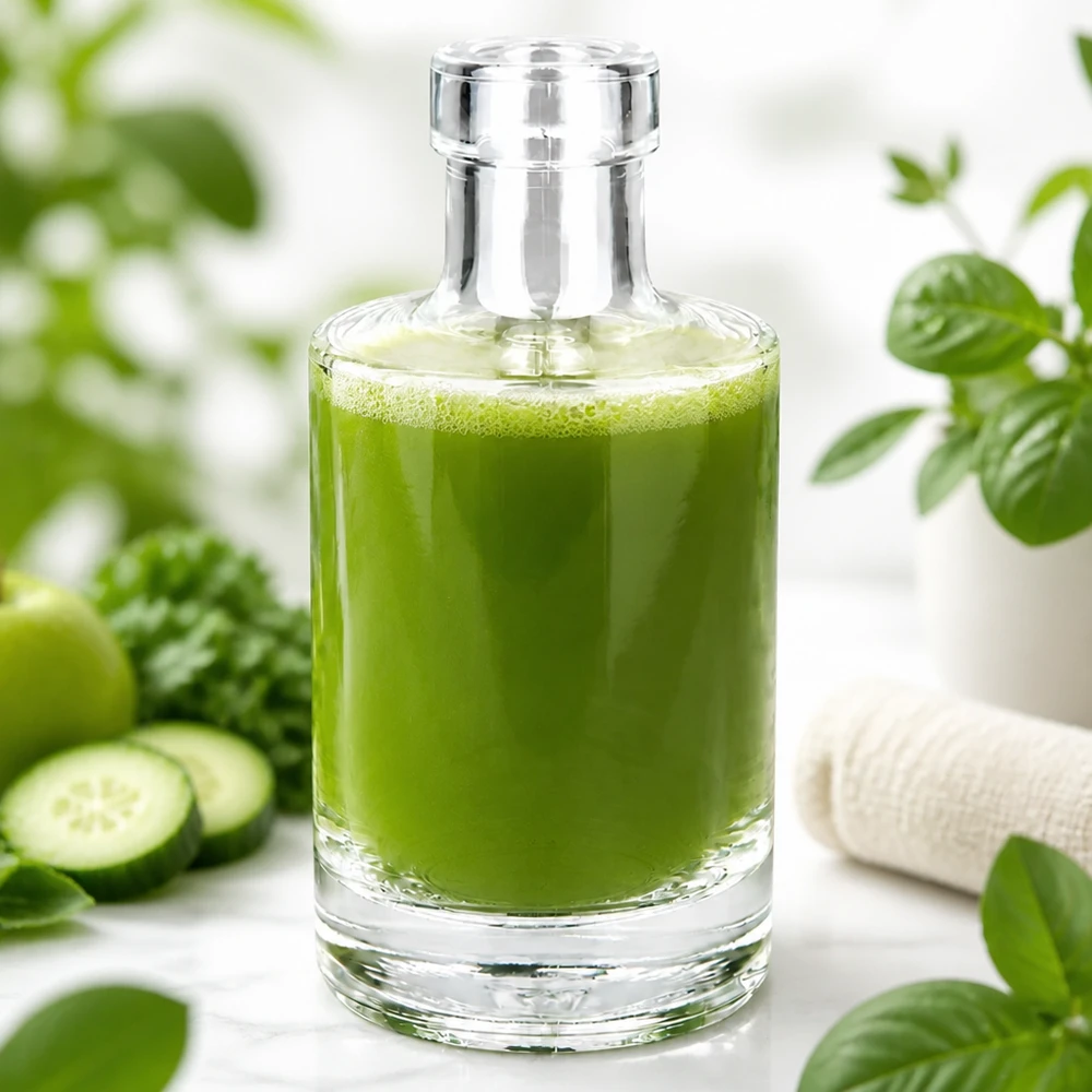 200 ml glasflaska Marie utan lock UNiTWIST® 200 ml glasflaska Marie fylld med grön smoothie omgiven av gurkor och växter hälsosam kost livsstil