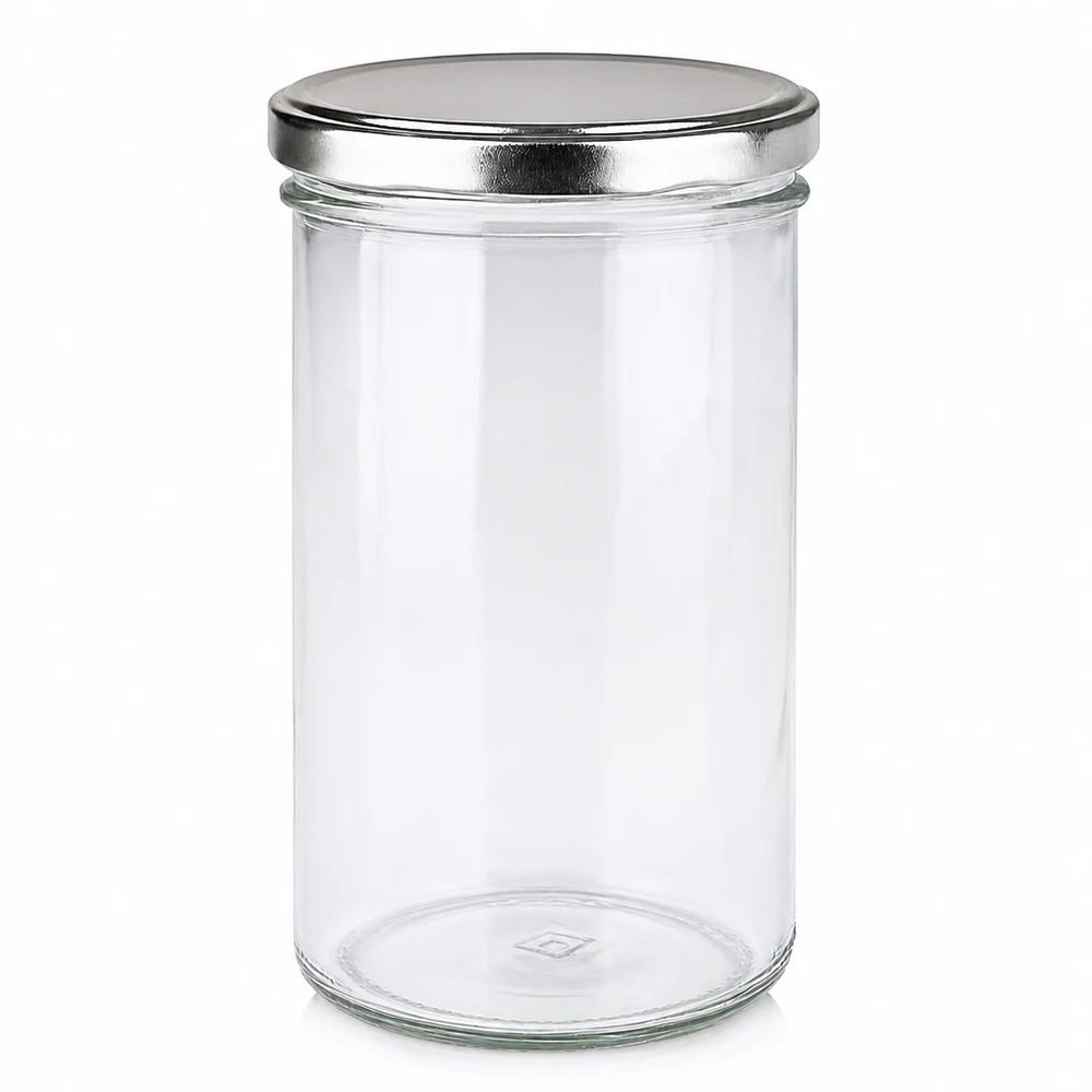 Mugg 277 ml med lock BasicSeal silver UNiTWIST 277 ml murarburk med silverfärgat BasicSeal-lock tom på vit bakgrund Konserveringsburk Förvaringsburk