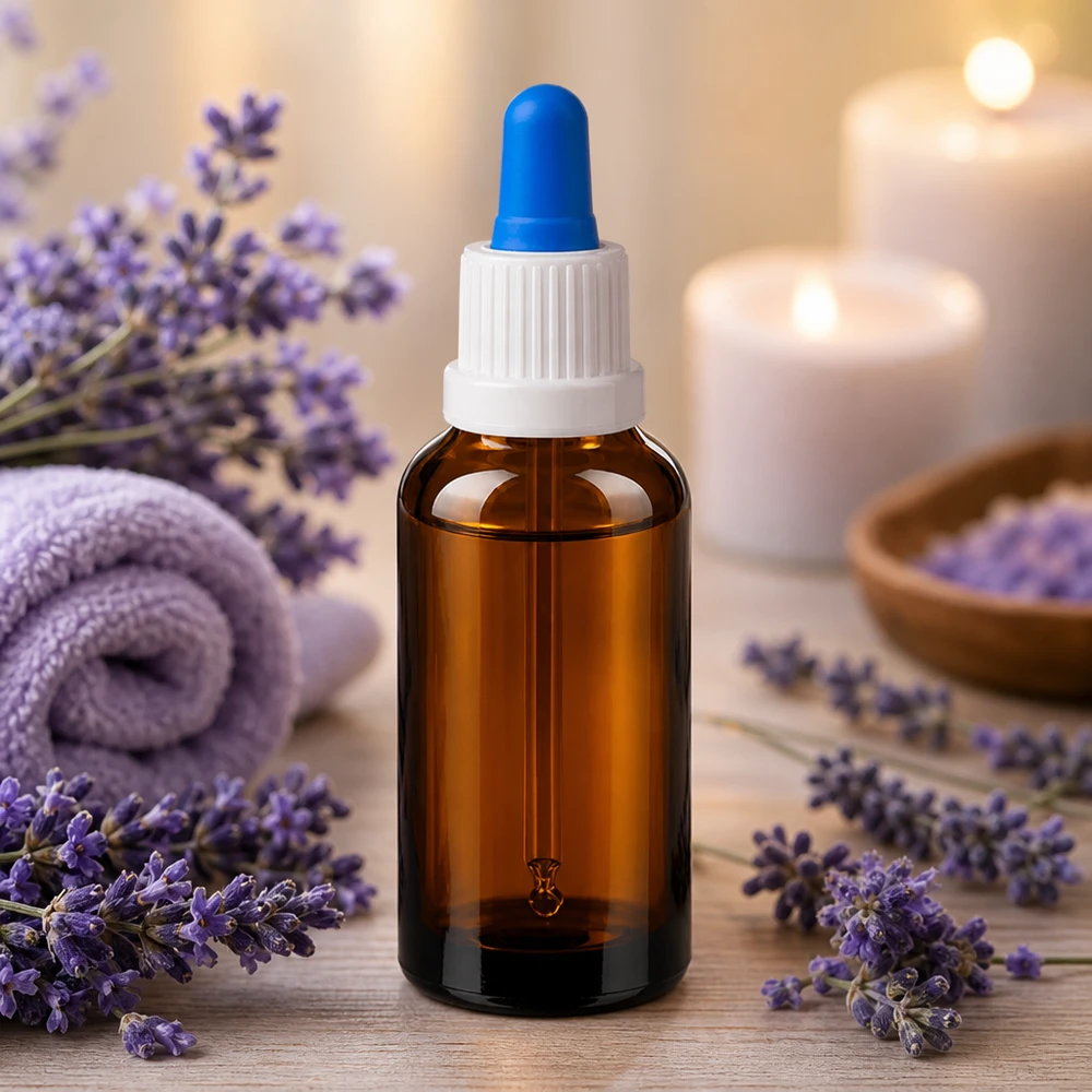 30 ml pipettflaska vit/blå med säkerhetsförslutning BrownLine UT18/30 Högkvalitativ 30 ml pipettflaska av brunt glas med vitt lock för aromaterapi