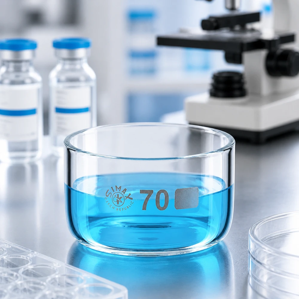 100ml kristalliseringsskål utan pip borosilikat ø70mm Simax-kristalliseringsskål, 100 ml, fylld med blå vätska, mellan laboratorieflaskor och mikroskop