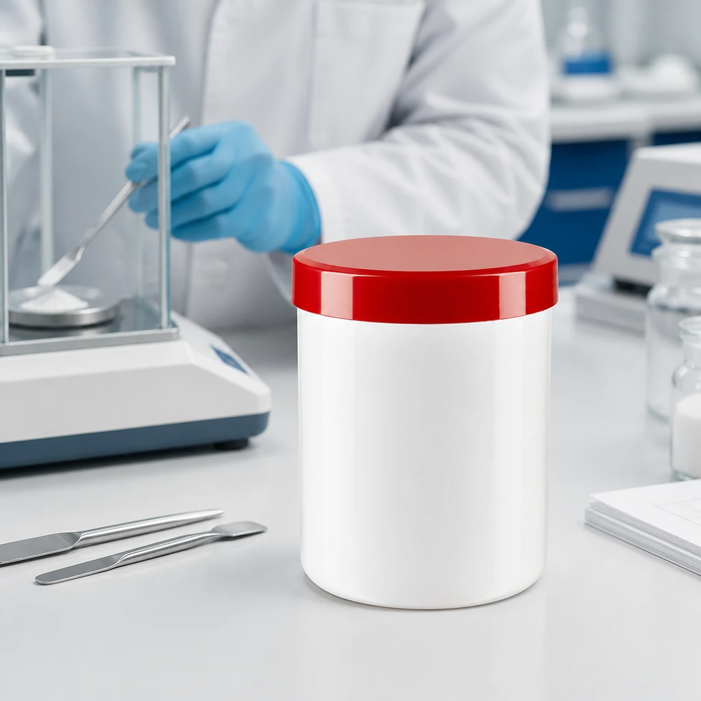 Salvburk 100g vit med rött skruvlock (polypropylen) Salvburk, 100 g, vit plastbehållare med rött lock bredvid en pincett på ett laboratoriebord