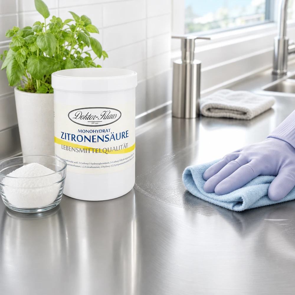 Doktor-Klaus citronsyra 1000g rengöringsmedel på köksbänk med rengöringshandske