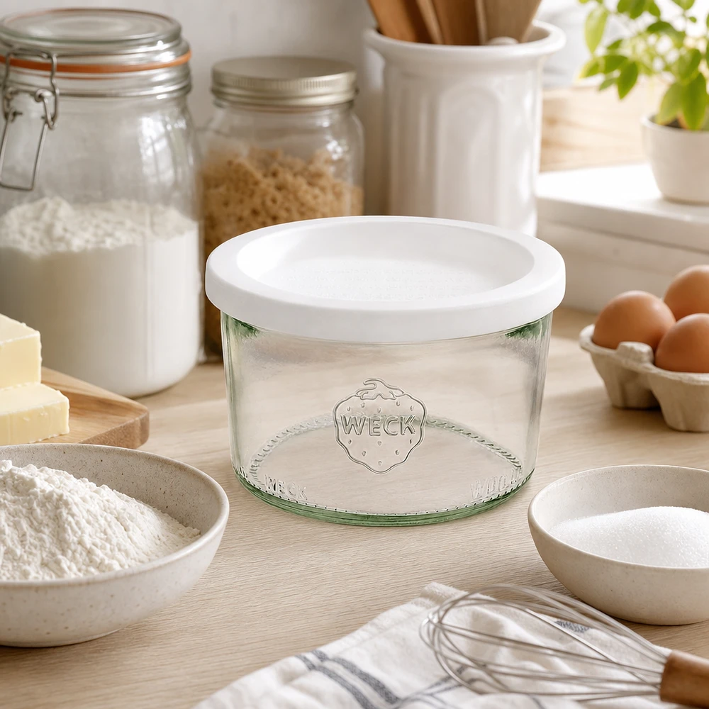 200ml Krossade glasögon med färskhetslock WECK RR80 WECK Sturzglas 200ml RR80 in ästhetischer Küche mit Backzutaten Mehl Eiern und Vorratsgläsern zum Backen